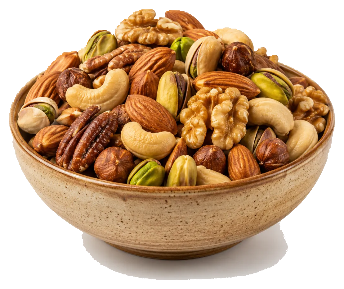 A brass bowl of mixed premium nuts from a wholesale supplier