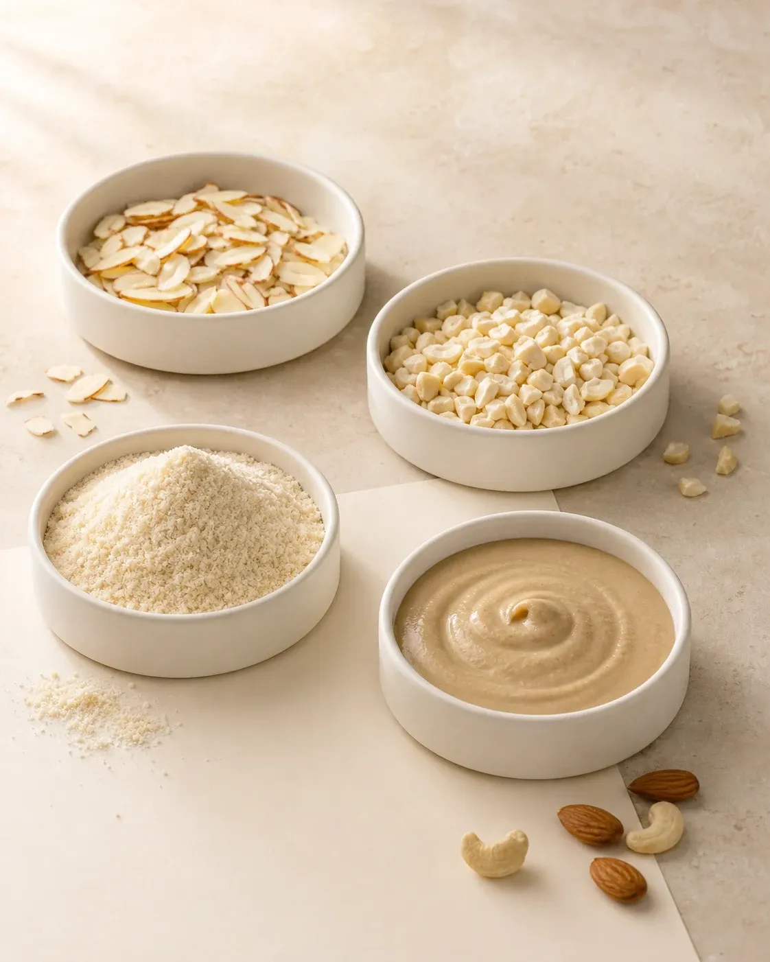 Processed nut cuts, flakes and meal arranged in ingredient trays