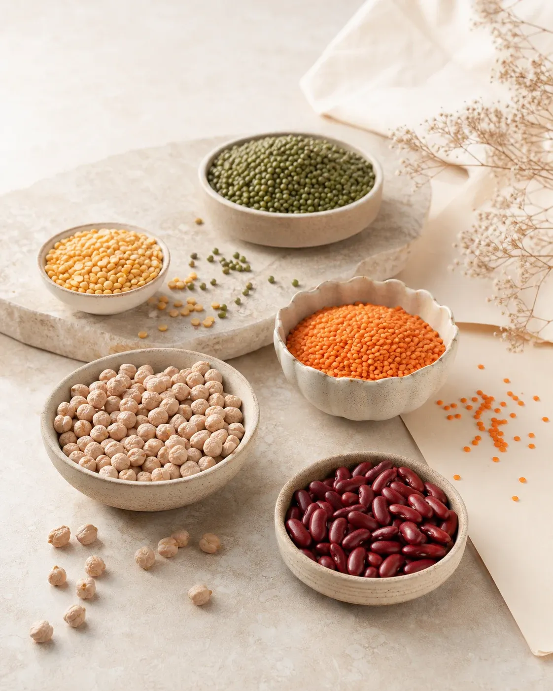 Assorted seeds, pulses and grains in bowls and sacks