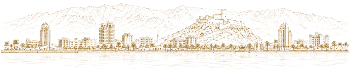 Ras Al Khaimah skyline, engraved illustration