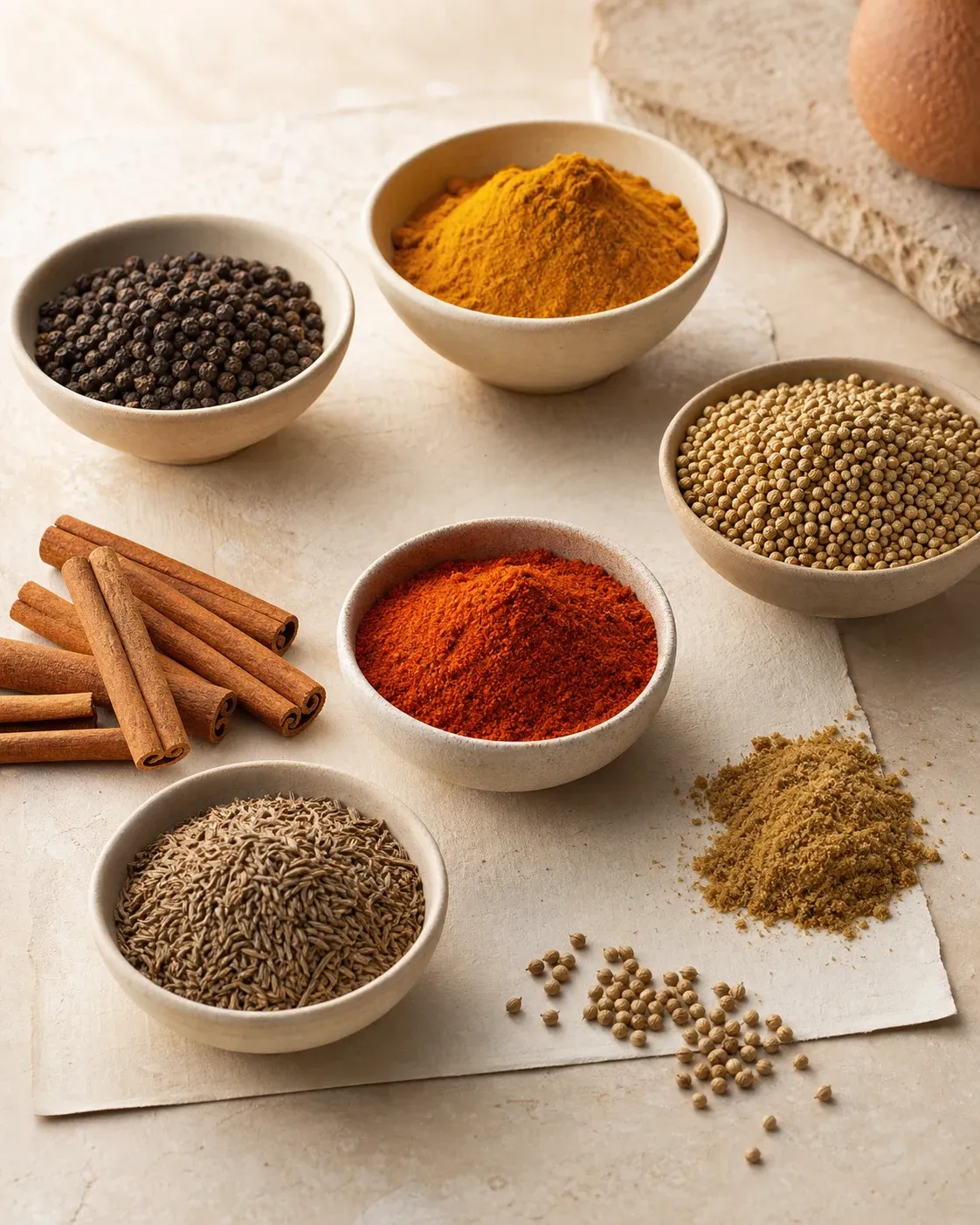 Whole spices and herbs presented in bowls