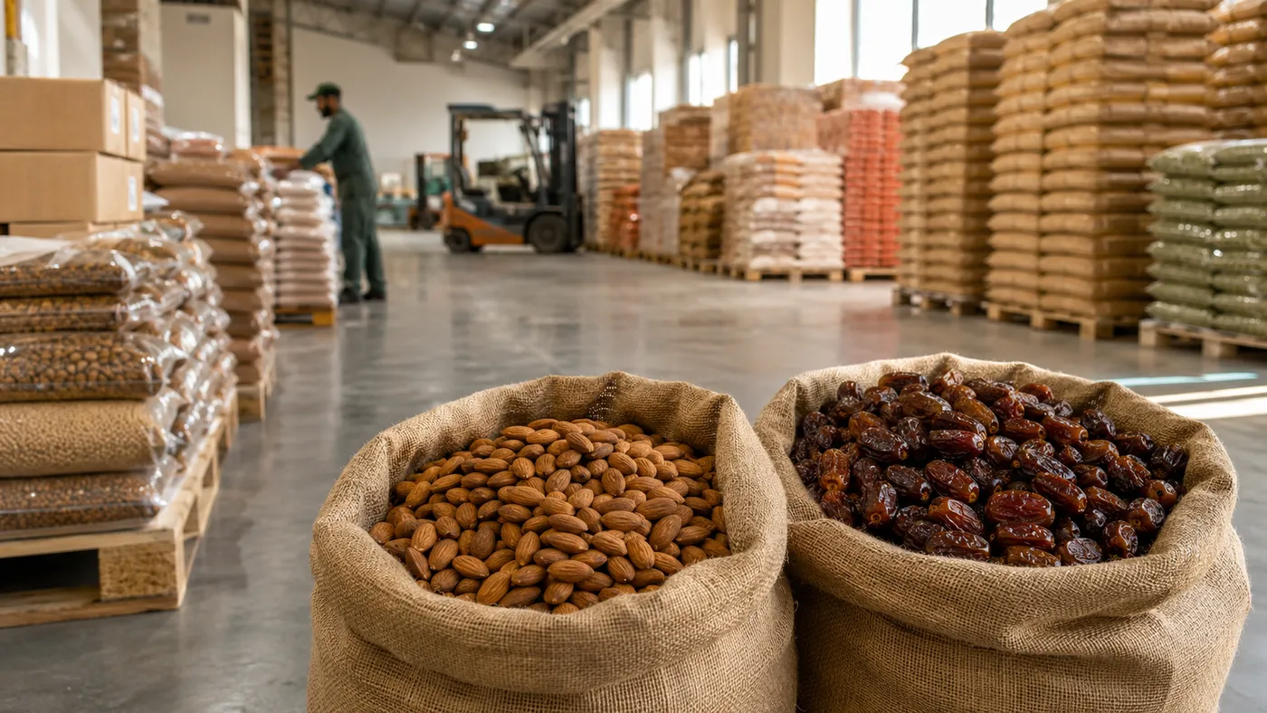 Bettergrow warehouse with nuts and dates prepared for distribution